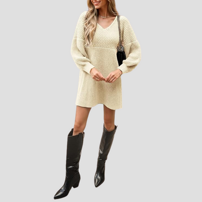 V-Neck Crochet Gigot Sleeve Sweater Dress