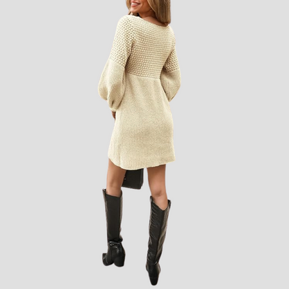 V-Neck Crochet Gigot Sleeve Sweater Dress