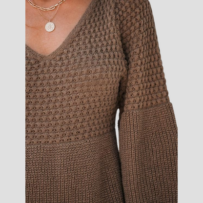 V-Neck Crochet Gigot Sleeve Sweater Dress