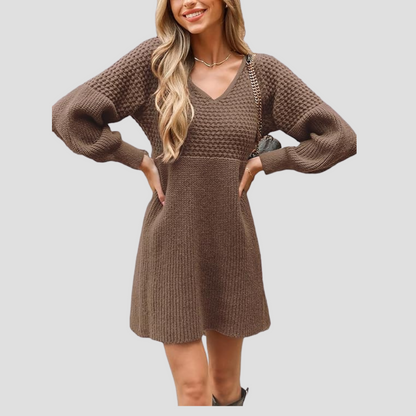 V-Neck Crochet Gigot Sleeve Sweater Dress