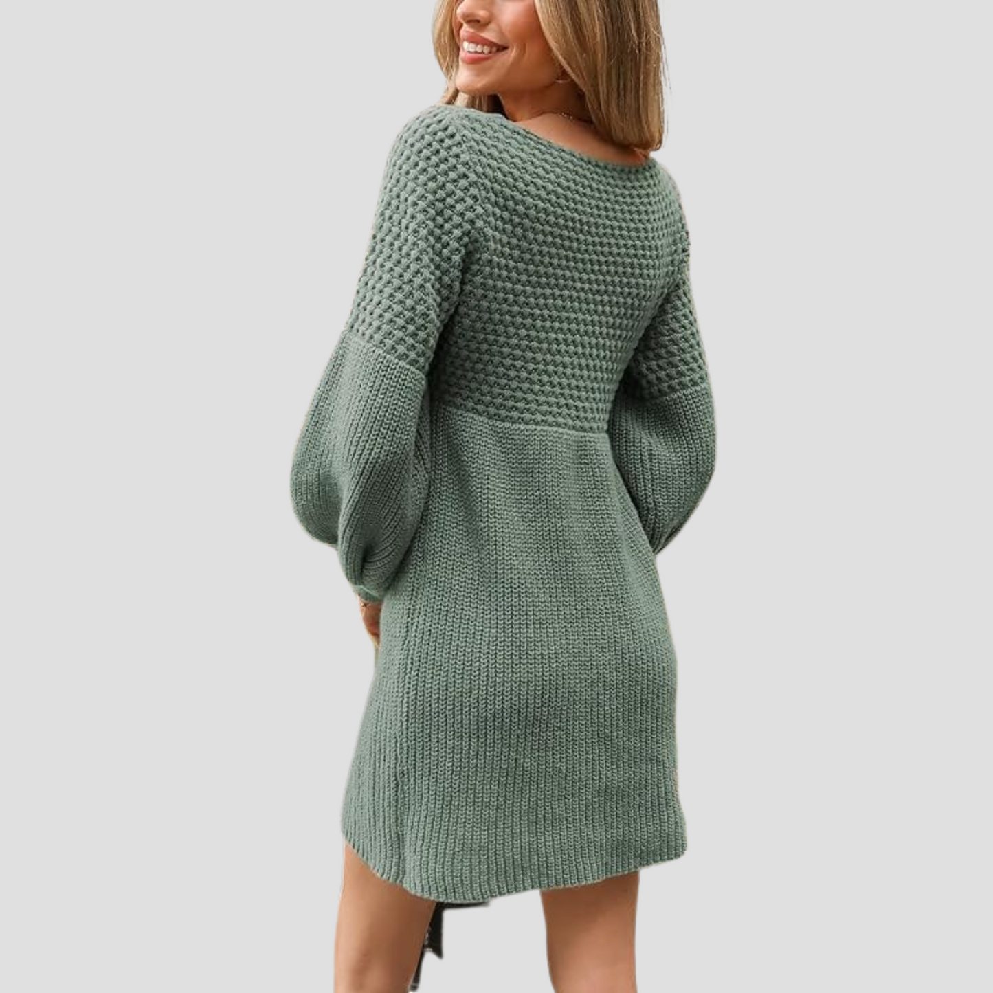 V-Neck Crochet Gigot Sleeve Sweater Dress