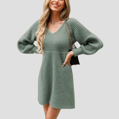 V-Neck Crochet Gigot Sleeve Sweater Dress