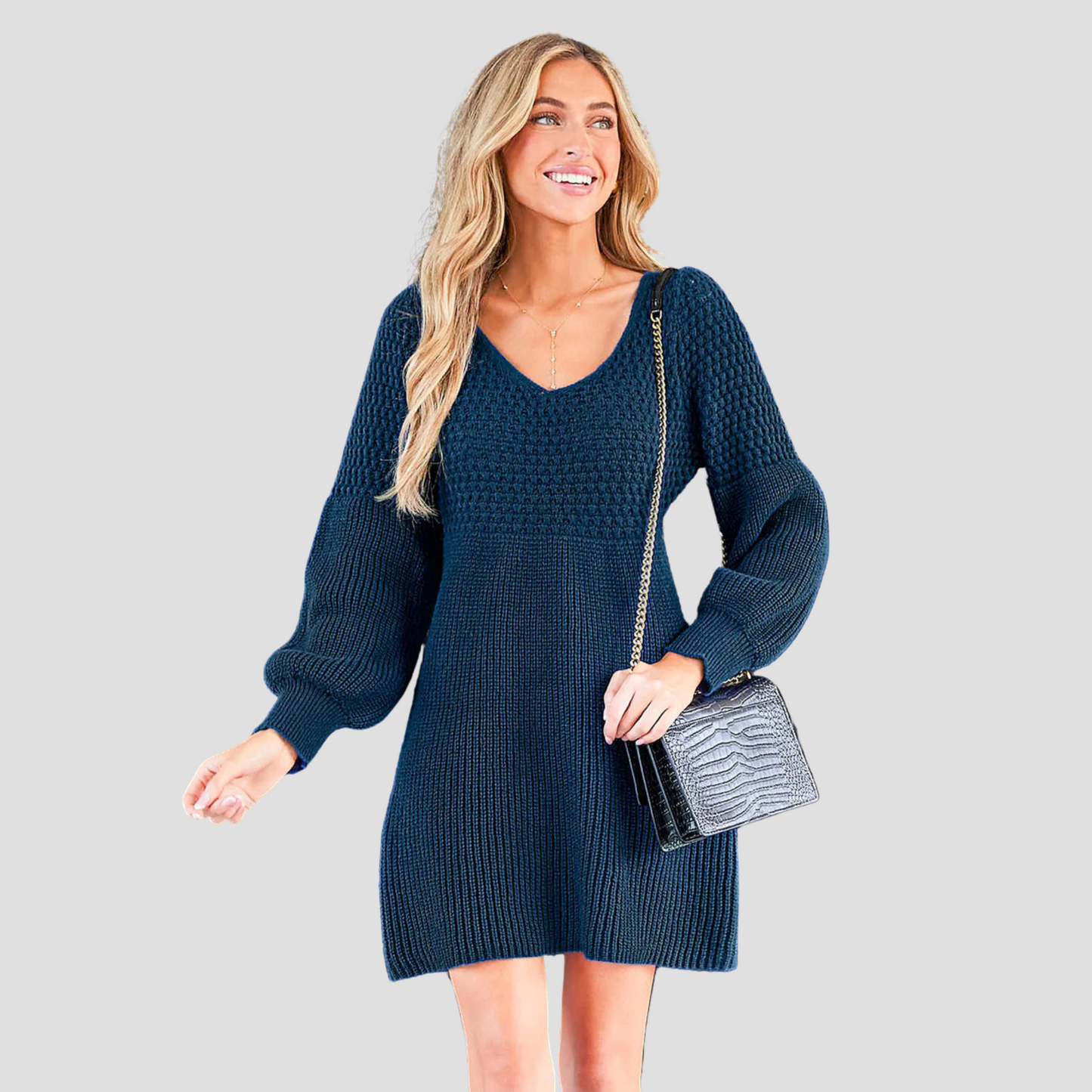 V-Neck Crochet Gigot Sleeve Sweater Dress