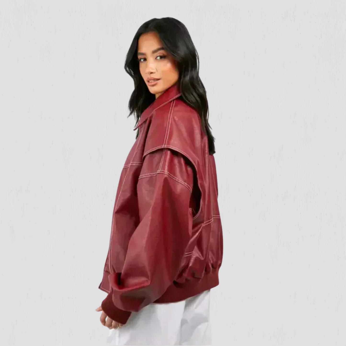 Women PU Contrast Stitch Oversized Bomber Jacket