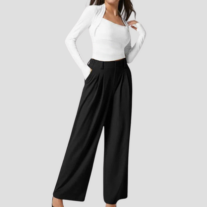 High-Waisted Plicated Wide Leg Waffle Pants