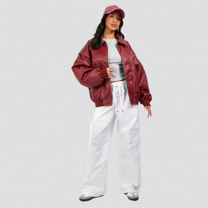 Women PU Contrast Stitch Oversized Bomber Jacket