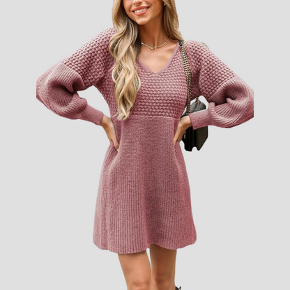 V-Neck Crochet Gigot Sleeve Sweater Dress