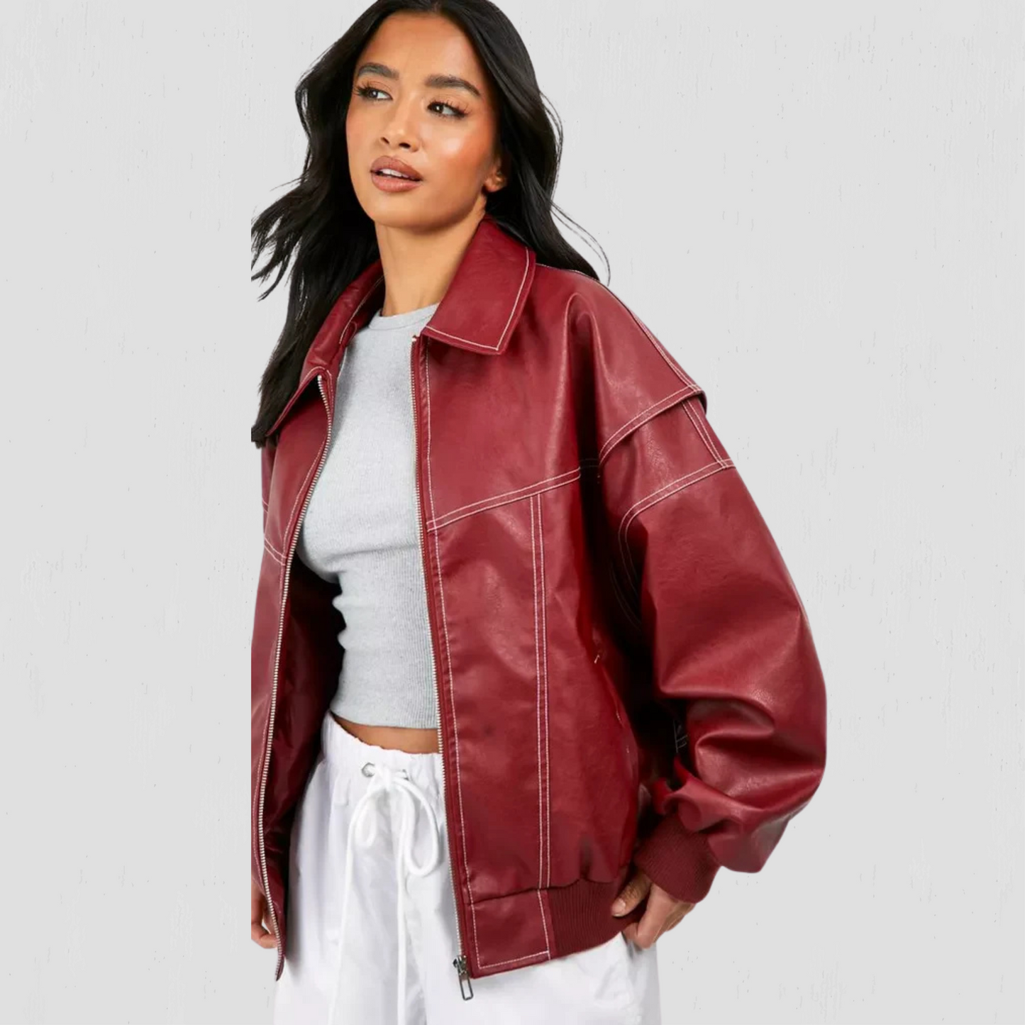 Women PU Contrast Stitch Oversized Bomber Jacket