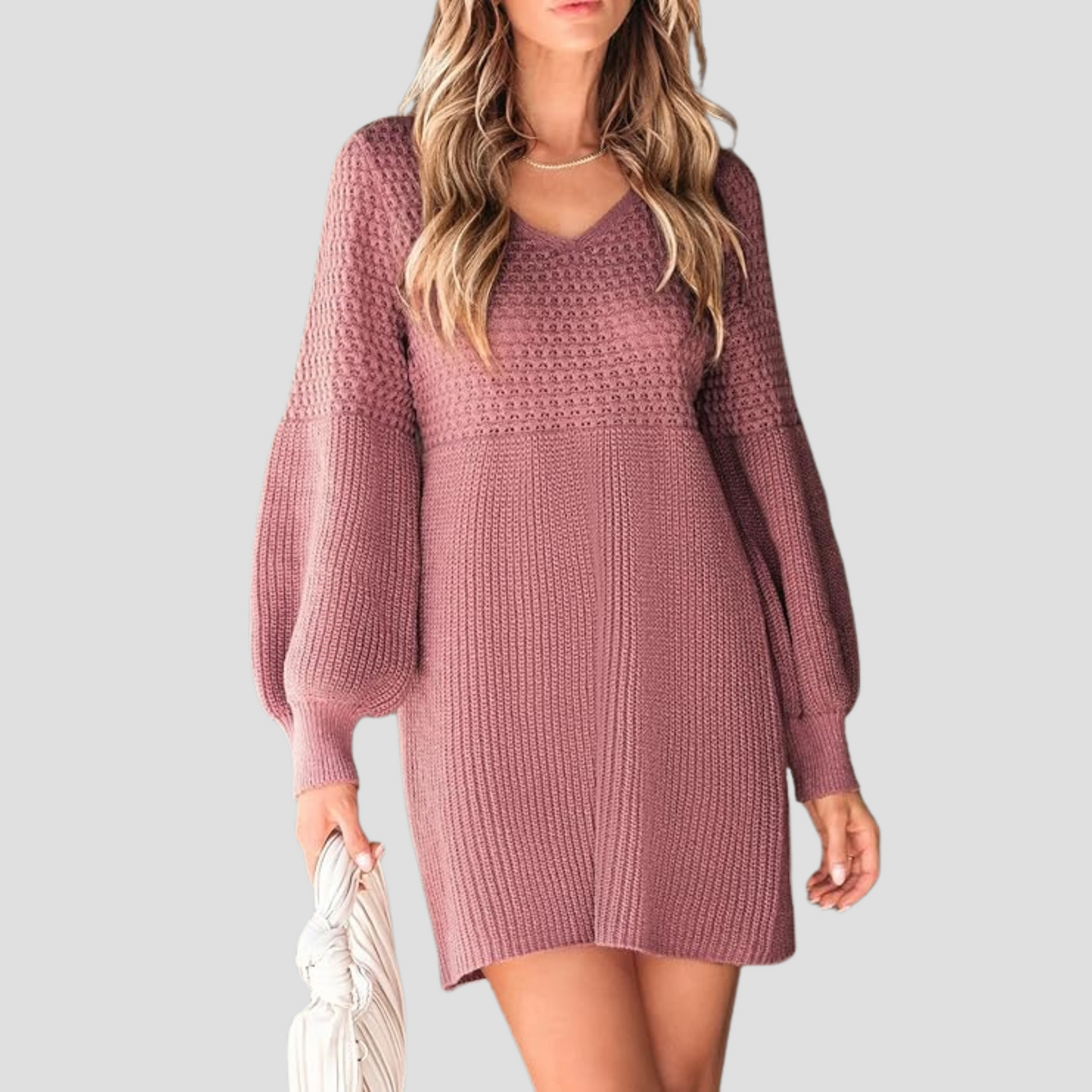 V-Neck Crochet Gigot Sleeve Sweater Dress