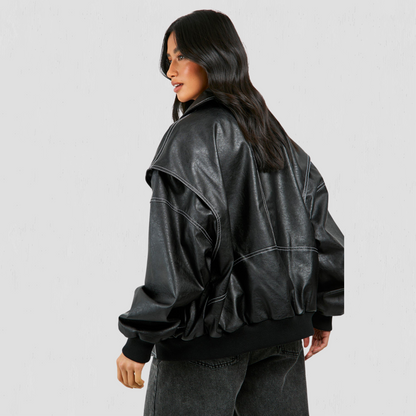 Women PU Contrast Stitch Oversized Bomber Jacket