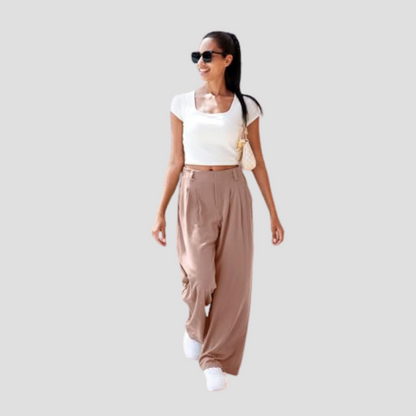 High-Waisted Plicated Wide Leg Waffle Pants