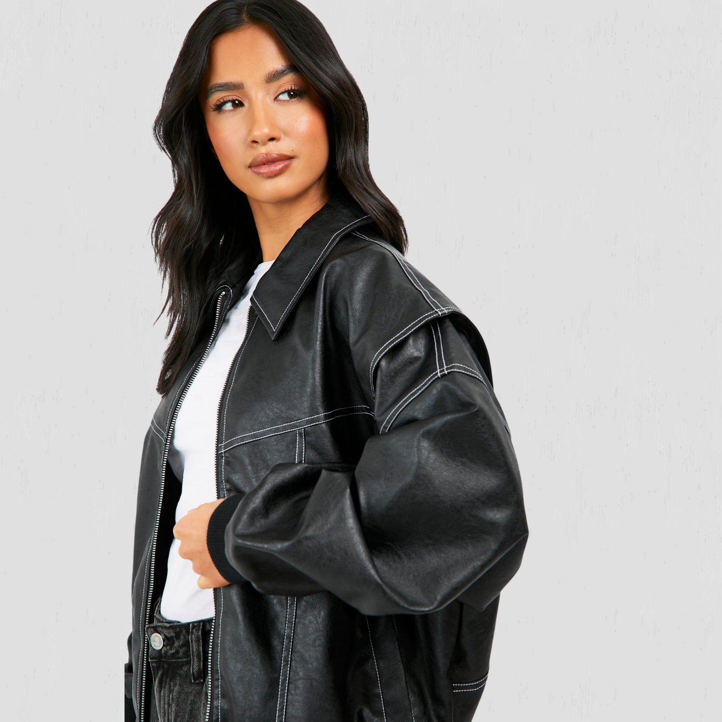 Women PU Contrast Stitch Oversized Bomber Jacket