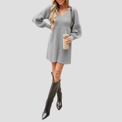 V-Neck Crochet Gigot Sleeve Sweater Dress