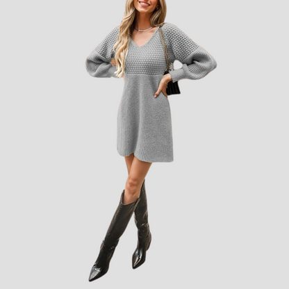 V-Neck Crochet Gigot Sleeve Sweater Dress