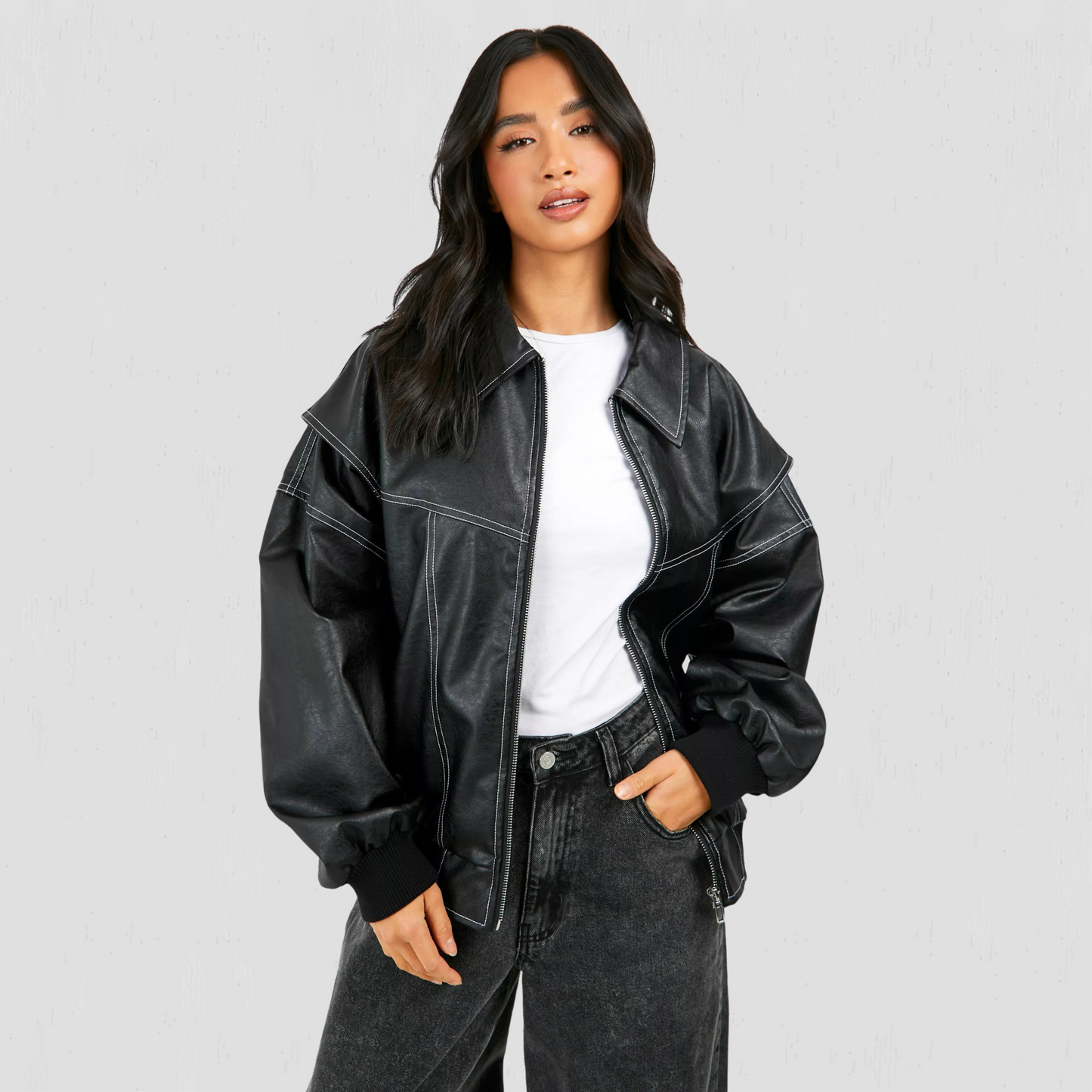 Women PU Contrast Stitch Oversized Bomber Jacket