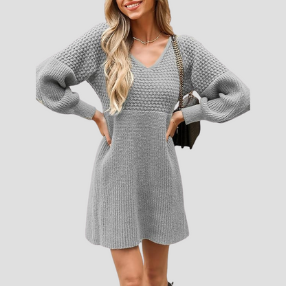 V-Neck Crochet Gigot Sleeve Sweater Dress