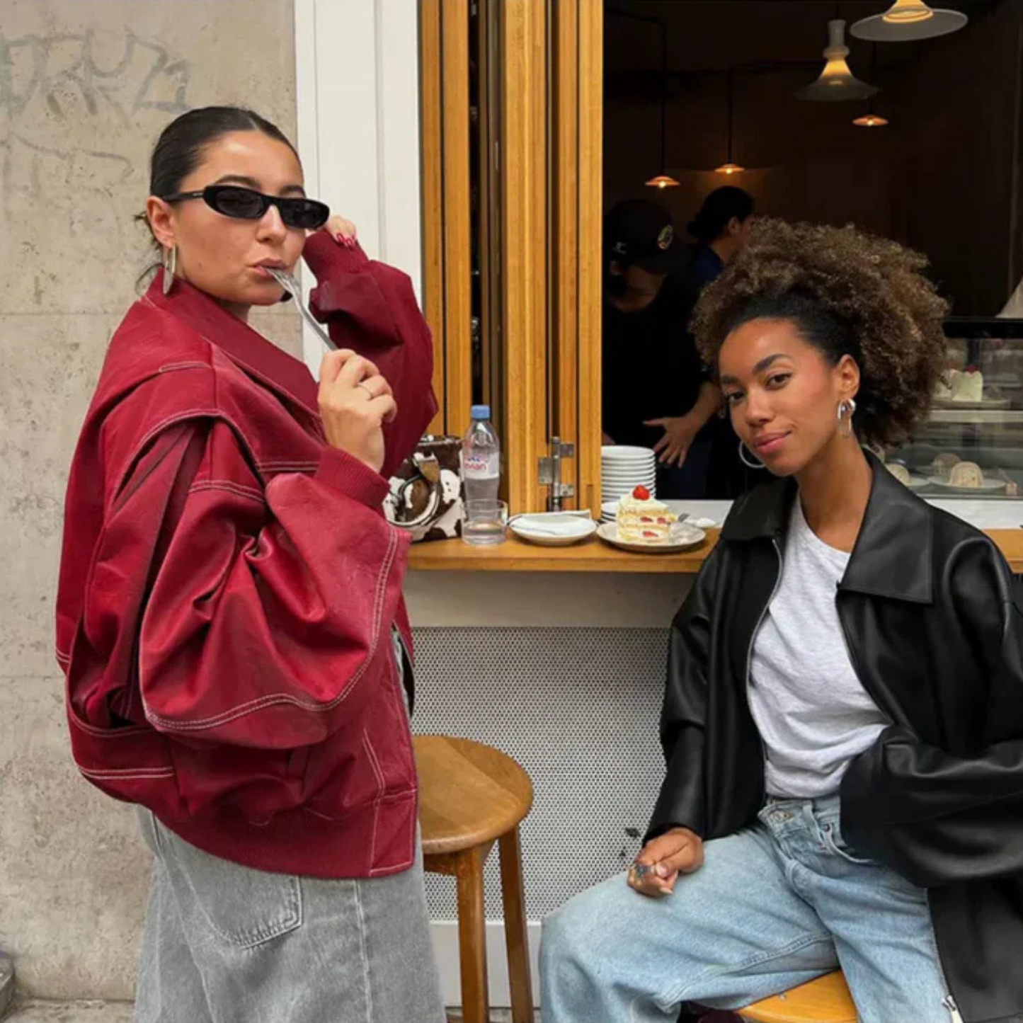 Women PU Contrast Stitch Oversized Bomber Jacket